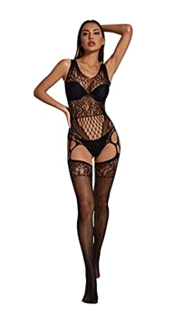 Bommi Fairy Damen Reizwäsche Spitzen Teddy Unterwäsche Strapsen Negligee Nachtwäsche Nachthemd Halfter Sling Unterwäsche Lingerie Transparente Babydoll mit Strumpfhaltergürtel-Dessous (Schwarz) - 1