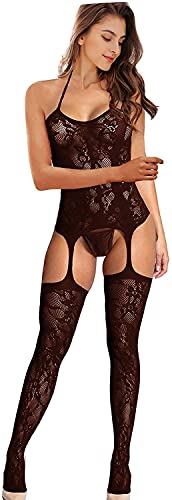 Bommi Fairy Damen Reizwäsche Spitzen Teddy Unterwäsche Strapsen Negligee Nachtwäsche Nachthemd Halfter Sling Unterwäsche Lingerie Transparente Babydoll mit Strumpfhaltergürtel-Dessous (Schwarz) - 1