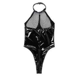 Damen Wetlook BodyLeder Bodysuit Brust Harness PU Leder Halsband mit Kette Erotik String Body Unterwäsche Gogo Unterwäsche Clubwear mit Neckholder - 1