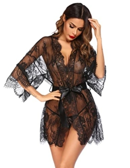 Ekouaer Damen Kimono Spitze Sexy Dessous Set Strandkleid Sommer Bademode Schwarz M - 1