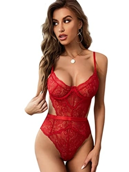 EVELIFE Body Damen Sexy Dessous Bodysuit BH mit Bügel Overall Reizwäsche Negligee Spitze Unterwäsche Babydoll Lingerie (Rot, M) - 1