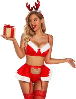 EVELIFE Damen Weihnachten Dessous Set mit Strumpfband Gürtel Sexy BH und Panty Sets Teddy Babydoll Rock Keine Strümpfe (Rot,L) - 1