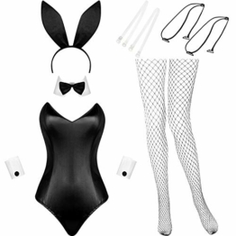 Geyoga Hase Kostüm Frauen Dessous und Schwänze Bodysuit Kaninchen Outfit Set für Halloween Weihnachten Kostüm Cosplay Party (XS, Weiß und Schwarz) - 1