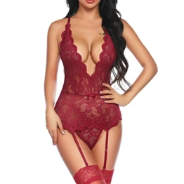 KOEMCY Sexy Dessous Body Damen Sexy Spitze Teddy Reizwäsche Tiefer V-Ausschnitt Unterwäsche Nachtwäsche Erotisch Dessous-Set Babydoll mit Strumpfhaltergürtel-Dessous (Rot, XL) - 1