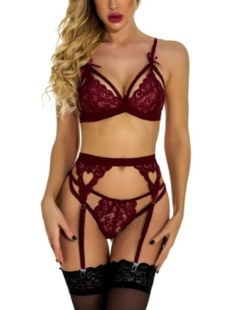 RSLOVE Damen-Dessous-Sets mit Strumpfband, 3-teilig, Spitze, Teddy, Babydoll, Bodysuit Wein Rot Medium - 1